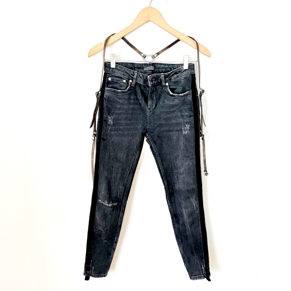 Zara Womens Jeans 4 High Waist Velvet Stripe Ankle Skinny Premium Denim Black